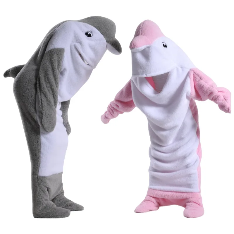 Super Soft Pink Dolphin Shark Blanket Adult Plush Hoodie Sleeping Bag Blanket Wearable Loose One Piece Pajamas