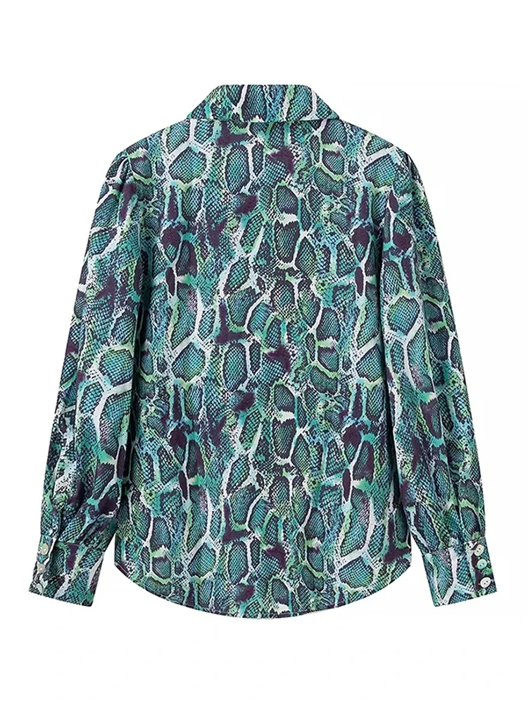 Women's Vintage Snake Skin Print Green Loose Shirt,  Turn-Down Collar, Single Breasted Fashion, Animal Print Long Tops, Summer