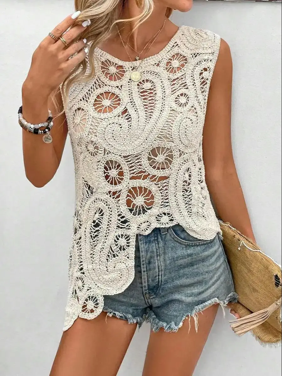 Boho Beach Holiday Camisole Crochet Knit Hollow Out Top Vest Elegant Sexy Women Summer Sleeveless Fashion Loose Tops Irregular