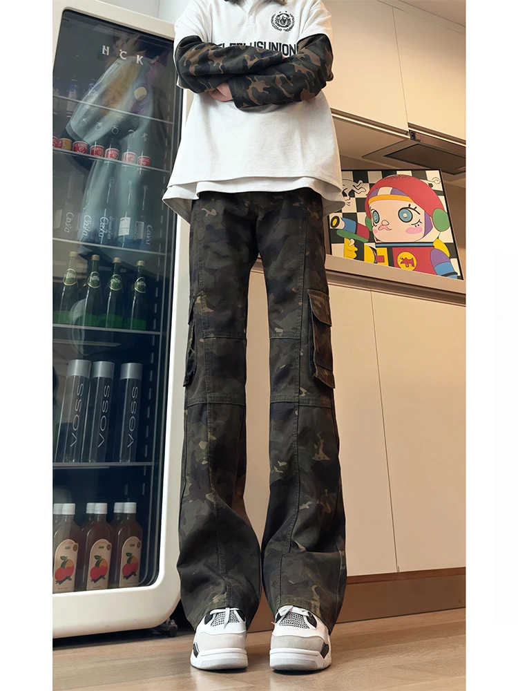 

Американские камуфляжные рабочие брюки в стиле ретро, мужские джинсы с несколькими карманами и высокой талией, прямые расклешенные брюки с микро-клеш