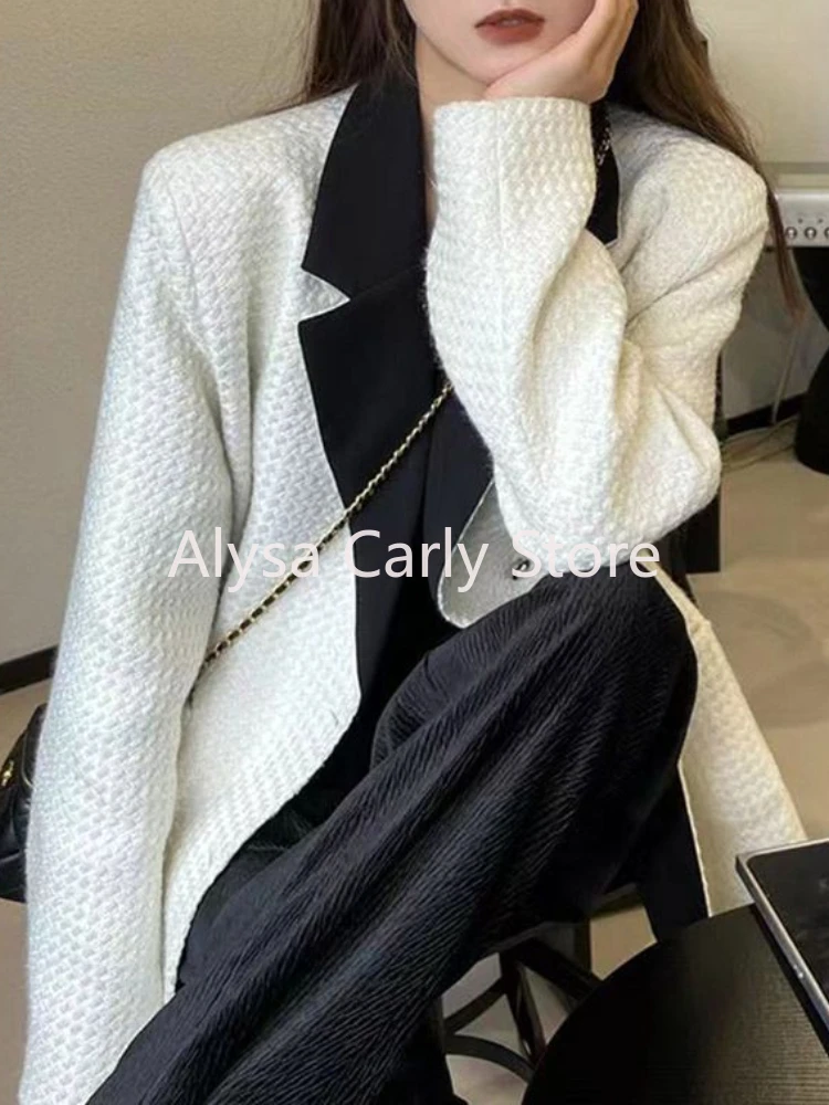 Korean White Black Patchwork Blazer Women Fashion Trend Chic Office Lady Coat Winter Casual Vintage Notched Collar New in Coats