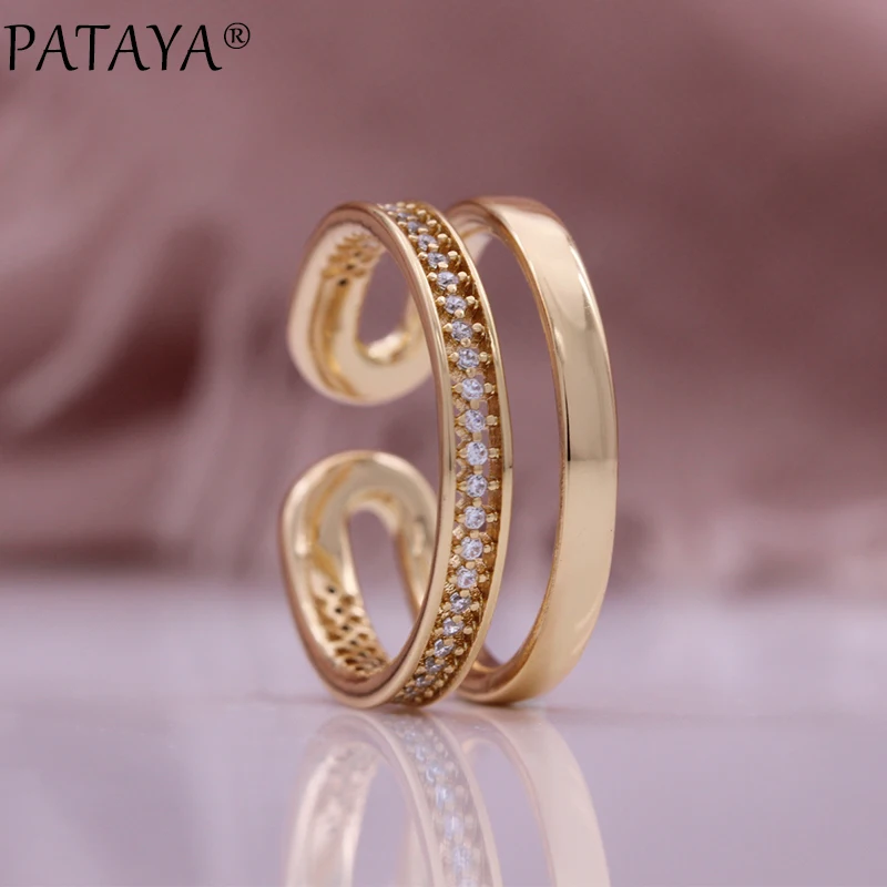 PATAYA New 585 Rose Gold Color Ring Natural Zircon Women Fashion Fine Craft Hollow Round Open Ring Wedding Jewelry