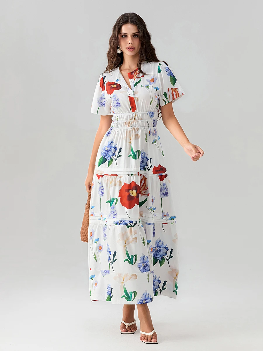 Women Long Dress Smocked Waist Pintucked Hem Side Slant Pockets V-Neck Short Sleeve Flowy Dresses