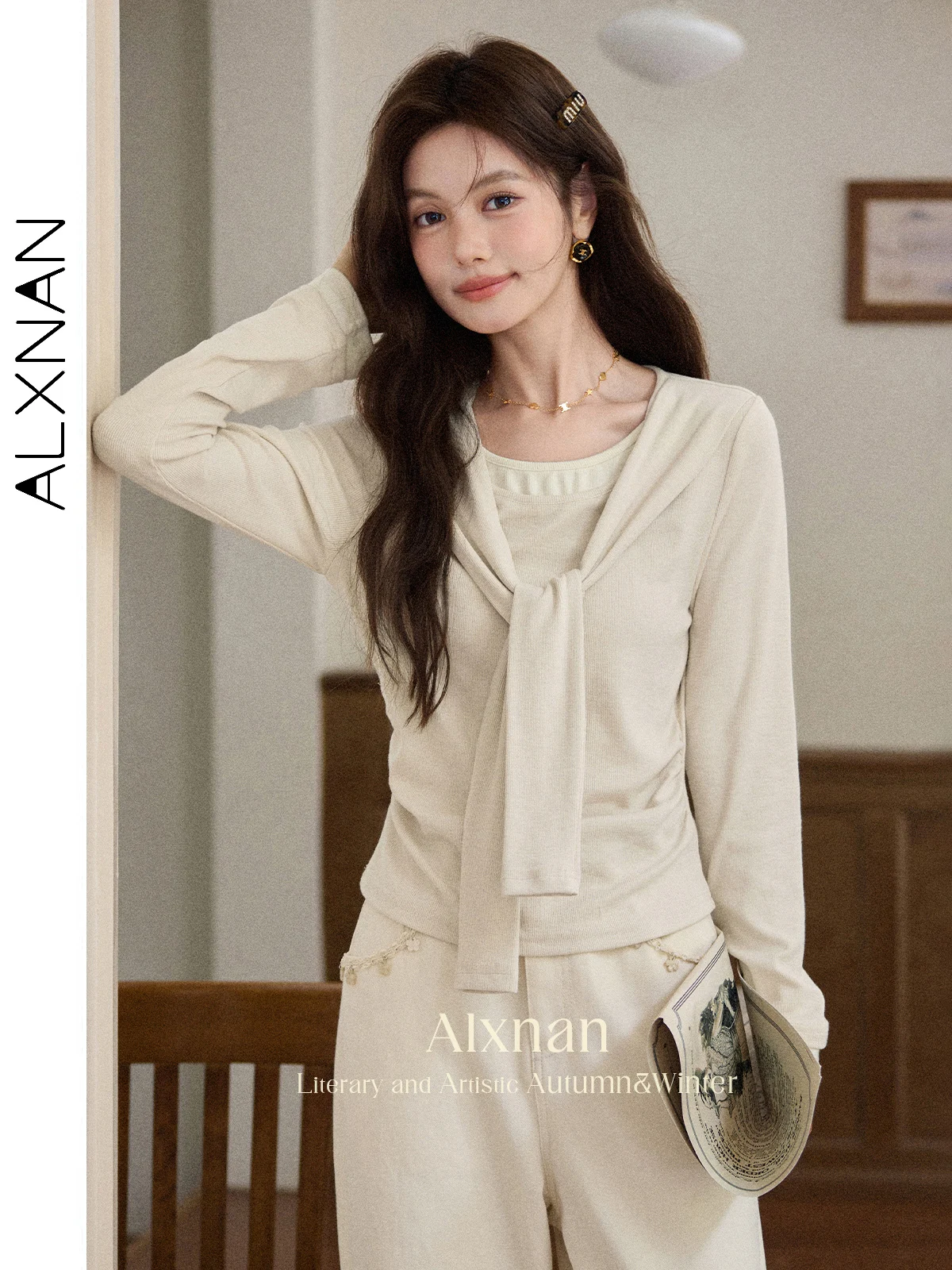 

ALXNAN Women's T-shirt Apricot Fake Two-piece Shawl Cotton Long Sleeve Tees 2025 Autumn Elegant Office Lady Slim-fit Tops L56932