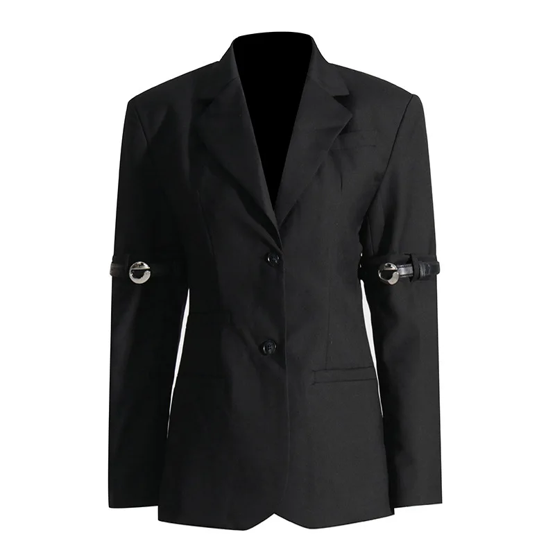 Hksh outono novo design feminino sentido blazer personalidade retalhos cinto decoração fino ajuste elegante moda alta rua casaco hk9048
