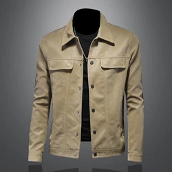 2024 Autumn Winter New Men's Fashion Handsome with Solid Color Lapel Motorcycle Leather Coat Slim Stylish Man M-4XL