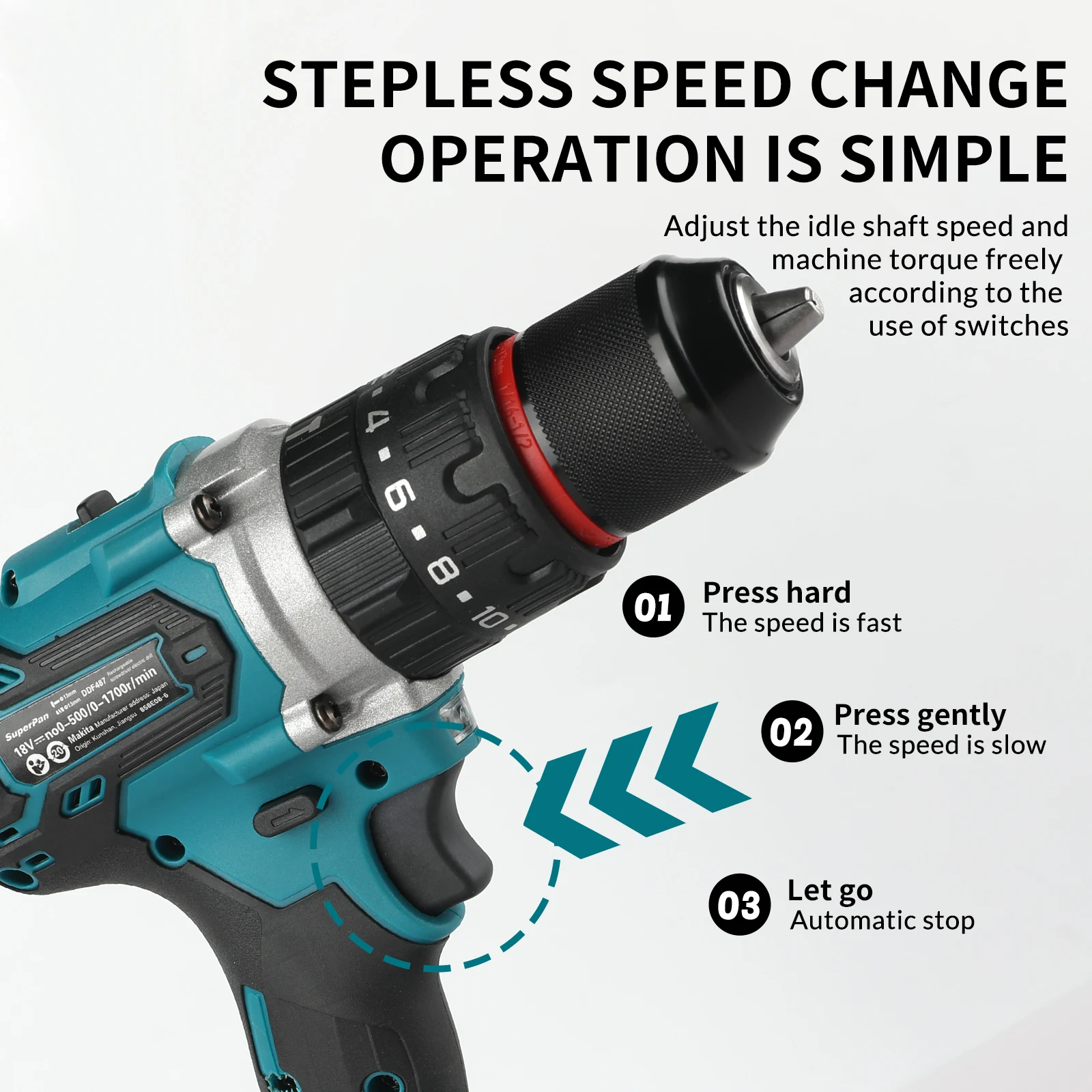 

Бесщеточная ударная дрель Superpan 13 мм с патроном, аккумуляторная, 487, для батарей Makita 18В