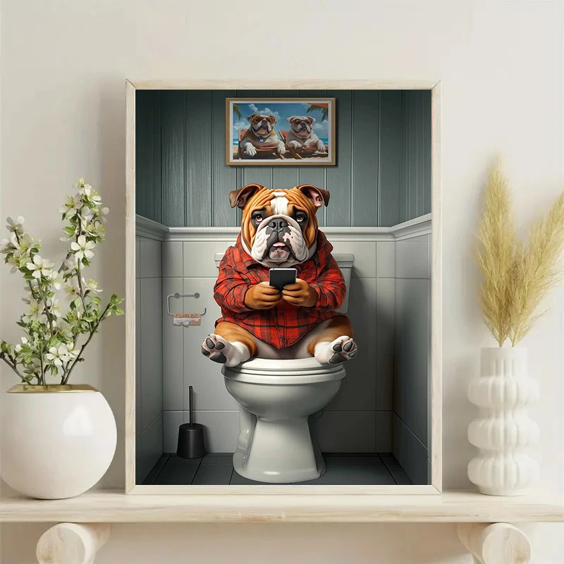 Bulldog on Toilet with Smartphone Wall Art Poster Canvas Print Picture for Room Toilet Home Decoration