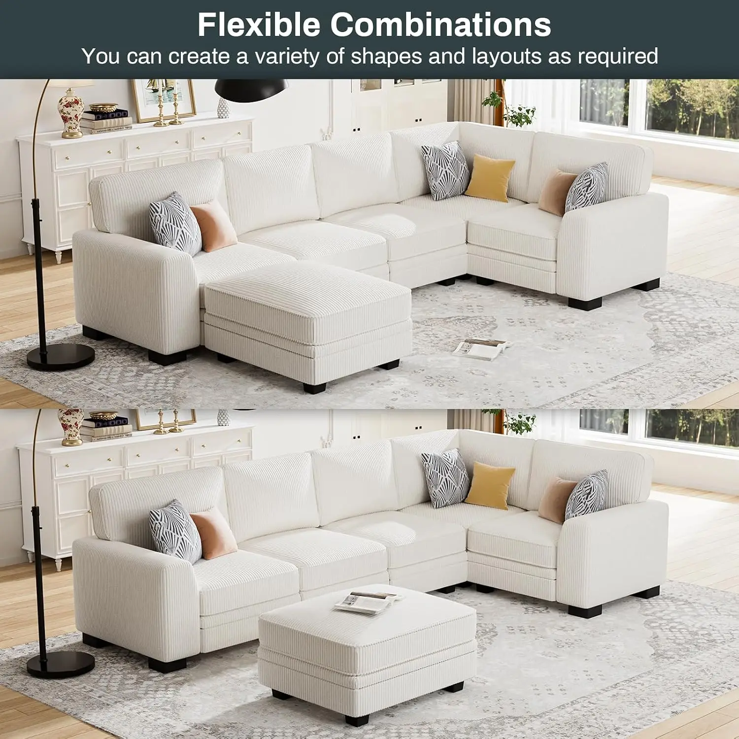 Oversized Modular Sectional Sofa U/L‑Shaped Reversible Corduroy Couch with Ottoman 6‑Seater Living Room, Customized