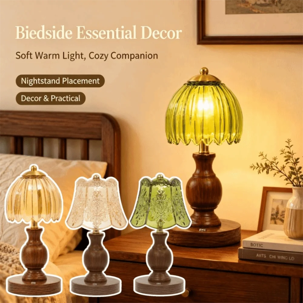 Walnut Wood Tone Retro Glass Table Lamp Soft Warm Light Amber Horizontal Pattern Vintage Glass Table Lamp Glass Lampshade