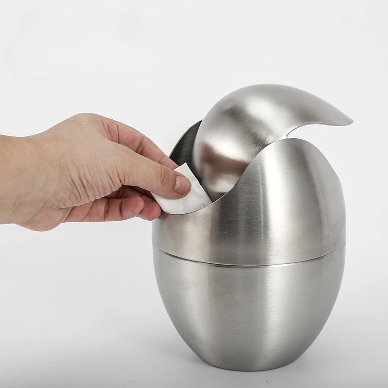 1.5L Egg Shaped Stainless Steel Trash Can with Lid, Gold Silver Desktop Waste Bin Creative Oval Storage Bucket Home Table Decor