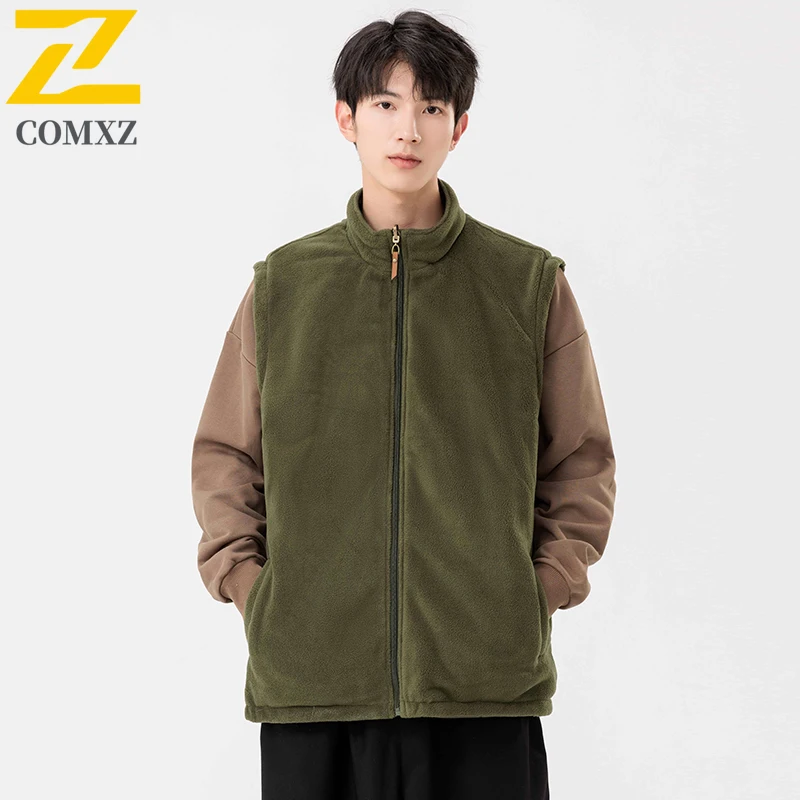 Nieuwe heren dubbelzijdig fleece vest harajuku fotografie vissen dikke mouwloze jas 2025, winter koudebestendige mouwloze vesten
