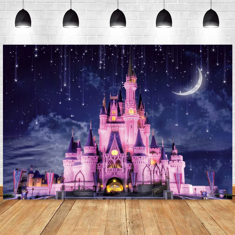 ของตกแต่งงานปาร์ตี้วันเกิดฉากหลังปราสาทเจ้าหญิงสำหรับเด็กทารกหญิง1คนภาพกลางคืนดาวดวงจันทร์สีดำสีม่วง