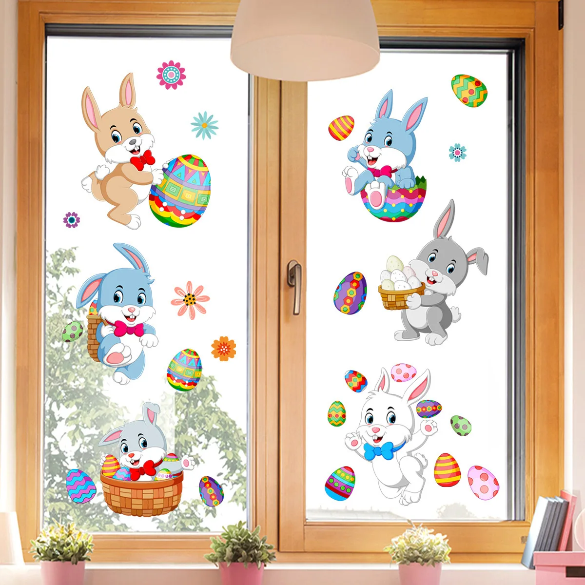 2sheet Easter Bunny Window Clings Cute Rabbit Egg Hunt Game Decoration Wall Sticker Glass Decals Easter Party Spring Home Decor