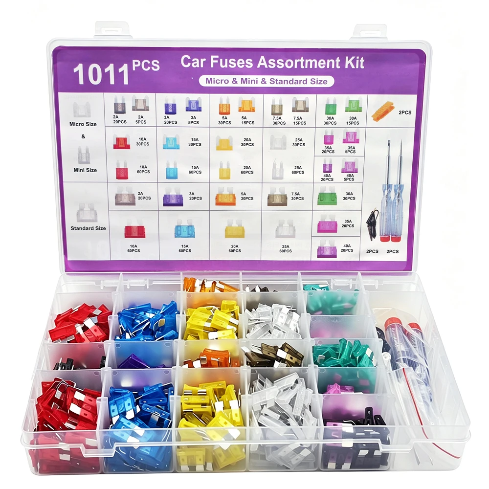 1011Pcs Fuse Assortment Kit, 410PCS Mini Blade Fuses + 410 Standard Fuses + 185 Micro + with Fuse Puller Circuit Tester(2A-40A)