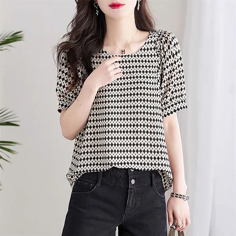 Fashion O-Neck Korean Printed Blouse Women\'s Clothing 2023 Spring New Loose Casual Pullovers All-match Office Lady Shirt