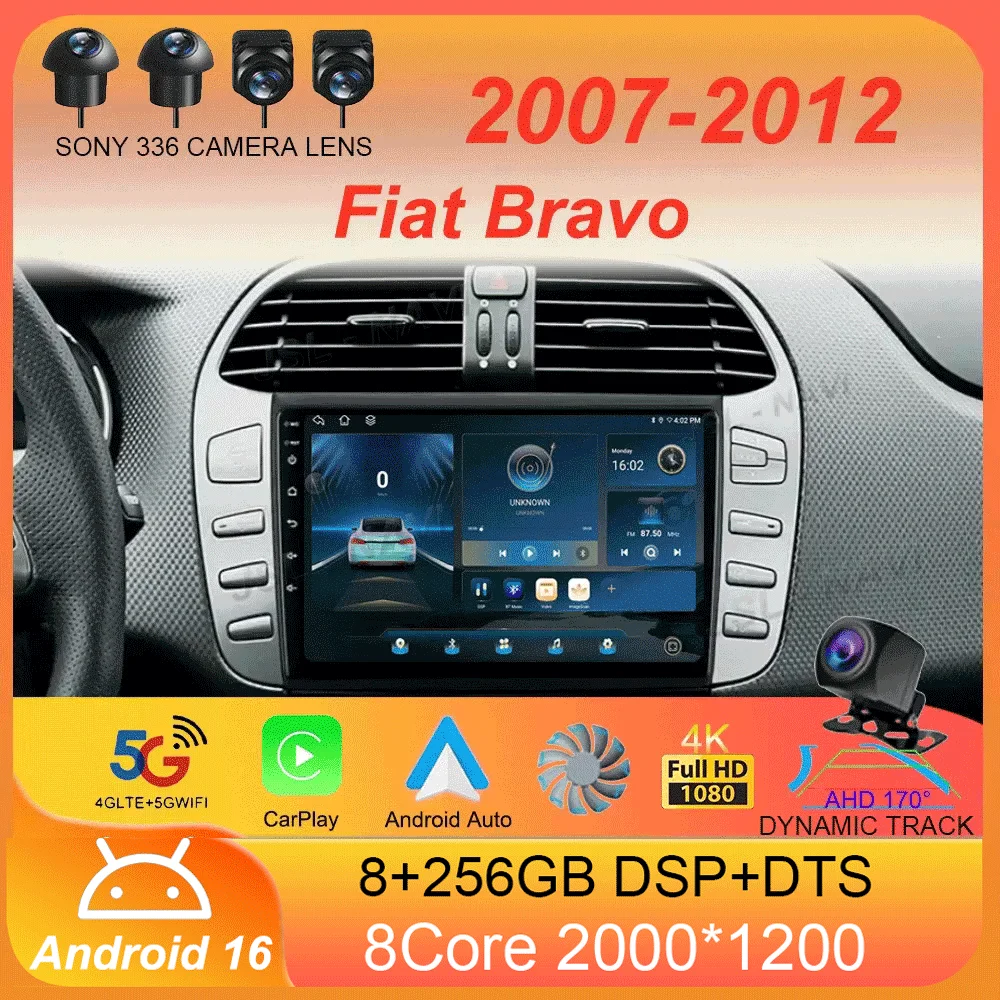 Radio para Auto Android 16 con Navegación, Reproductor Multimedia, GPS, WiFi+4G, DSP, BT y Carplay para Fiat Bravo 2007 2008 2009 2010 2011 2012