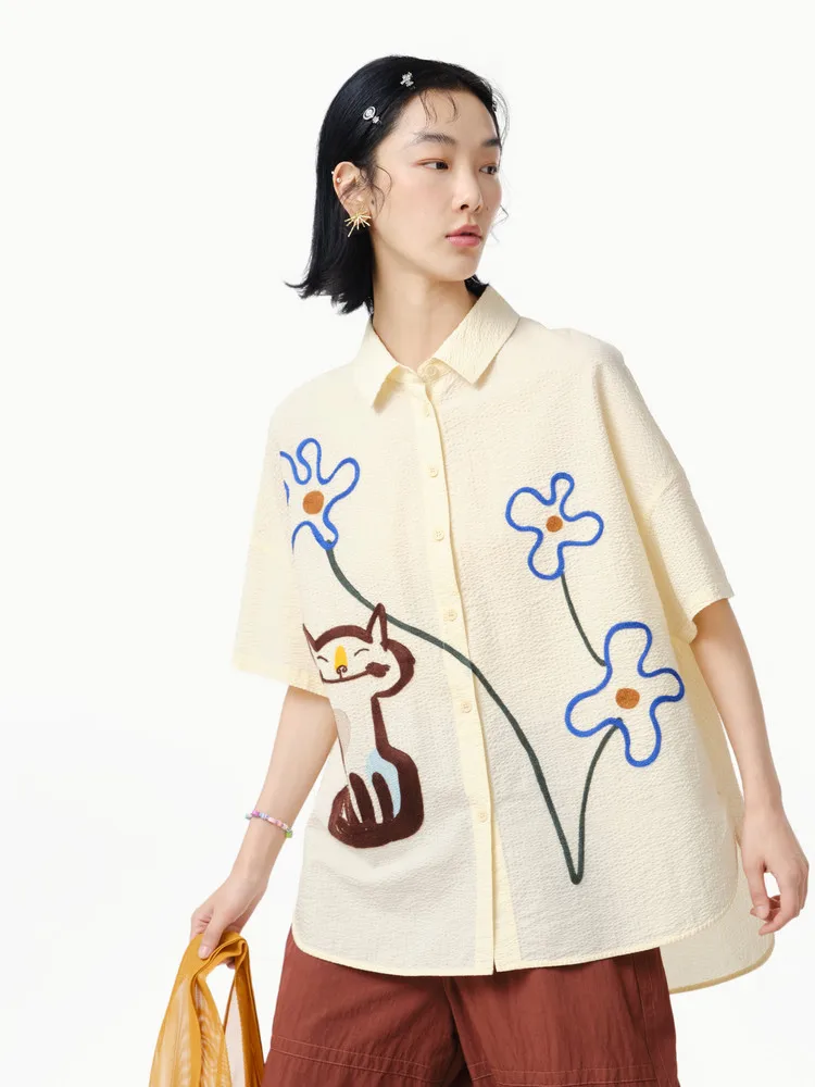 

MOVEUP Short Sleeves Casual Shirt 2026 Summer New Pure Cotton Contrast Color Embroidered Curved Hem Shirt For Women 325220410