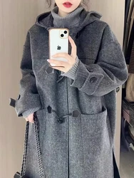 Horn Button Woolen Coat Ladies 2024 New College Style Knee-length Long Sleeve Hooded Joker Fashion Korean Jacket Tide