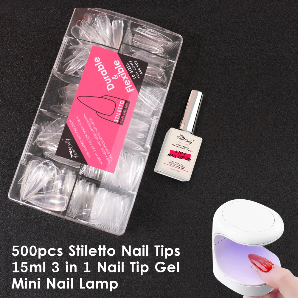 

500pcs Clear Stiletto Acrylic Nail Tips With Press On Nail 3 in 1 UV Gel Nail Kit Full Cover French Fake Nail Tips Private Label