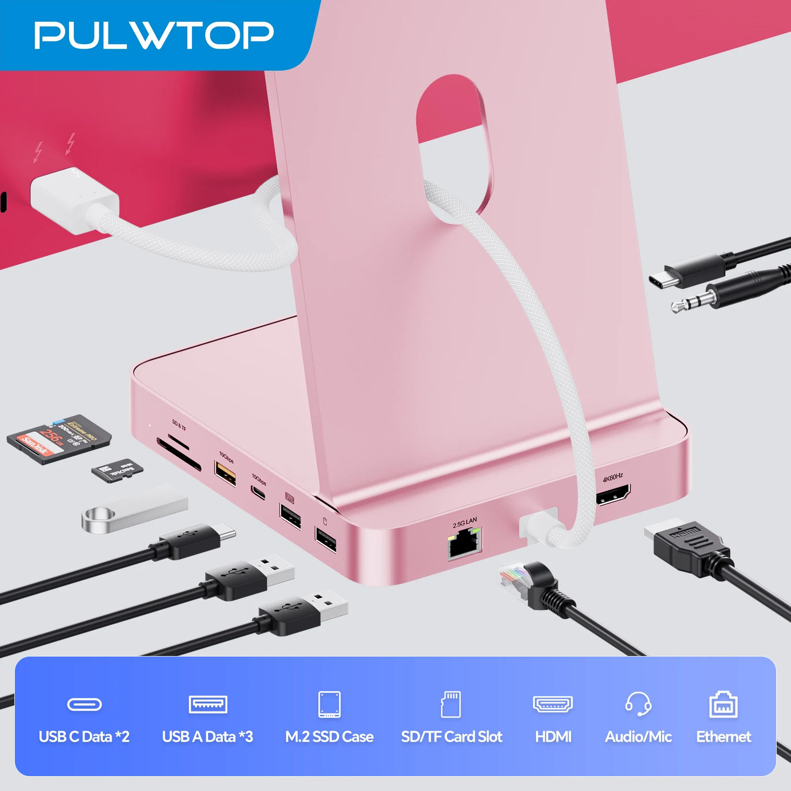 PULWTOP 11-in-2 USB C Hub for iMac 24 Inch 2021/2023/2024 with 4K HDMI, Ethernet, USB A/C 10Gbps, SD/TF, M.2 SSD Enclosure-Pink