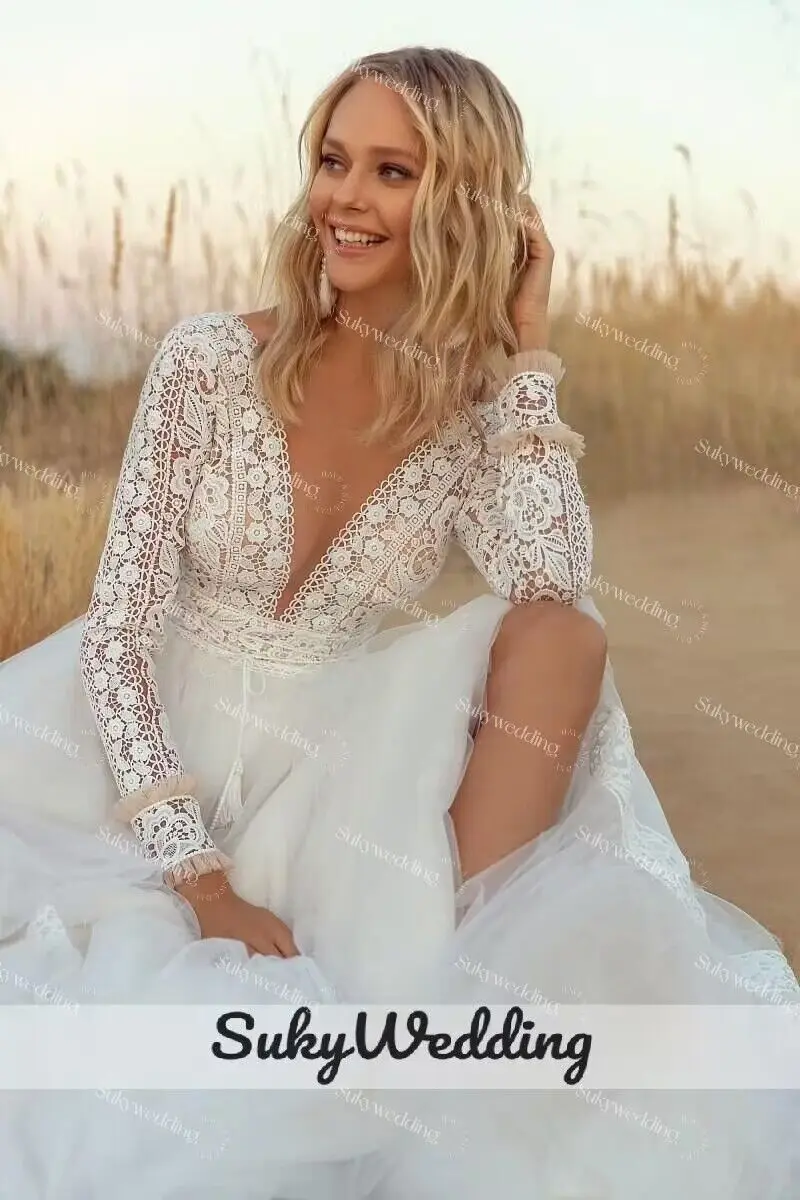 New Bohemian Wedding Dresses Lace And Tulle Summer Beach Bridal Gowns V Neck Long Sleeves A Line Vestido De Novia Customized