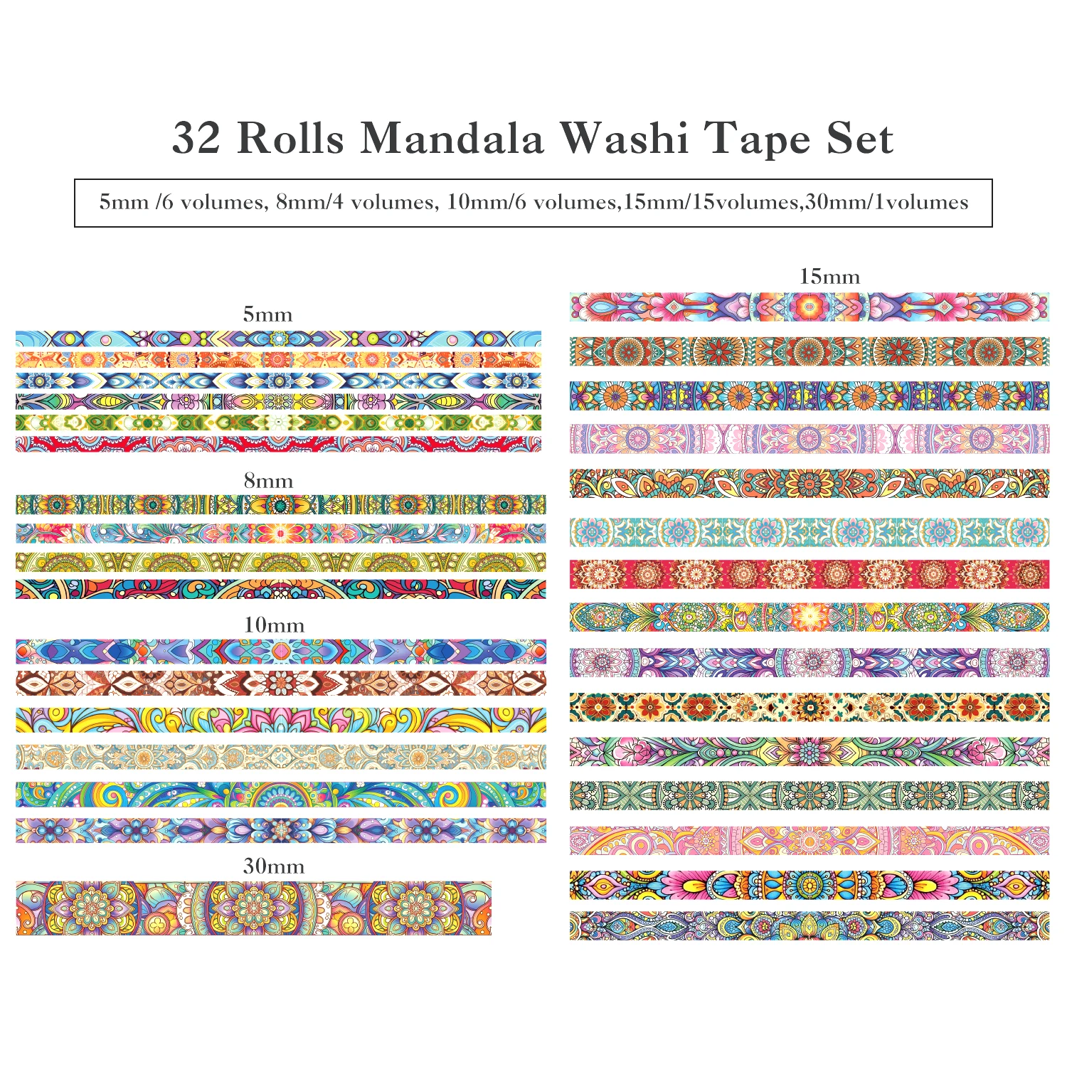 32 Rolls Mandala Washi Tape Set, Colorful Vintage Floral Pattern Tape for Journal Scrapbook DIY Craft Gift Wrapping