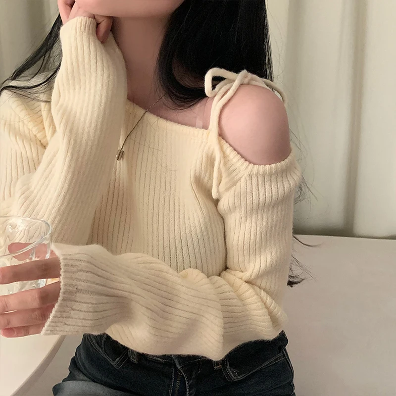 Sweater Women Irregular Skew Collar Long Sleeve Chic Casual Knitted Pullovers New Year\'s And Christmas Sweaters