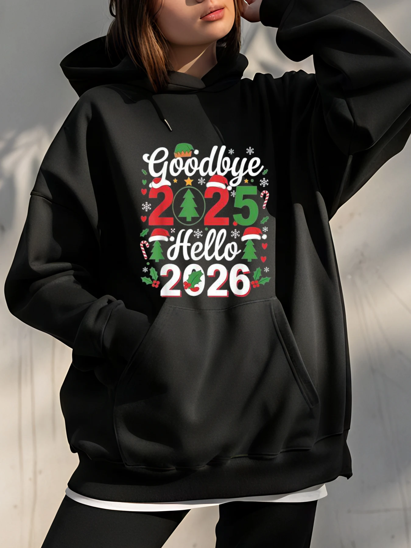 Kerst Hoodie Vaarwel 2025 Hallo 2026 Print Dames Casual Winter Sweatshirt Nieuwjaar Viering Mode Cadeau voor vrouwen