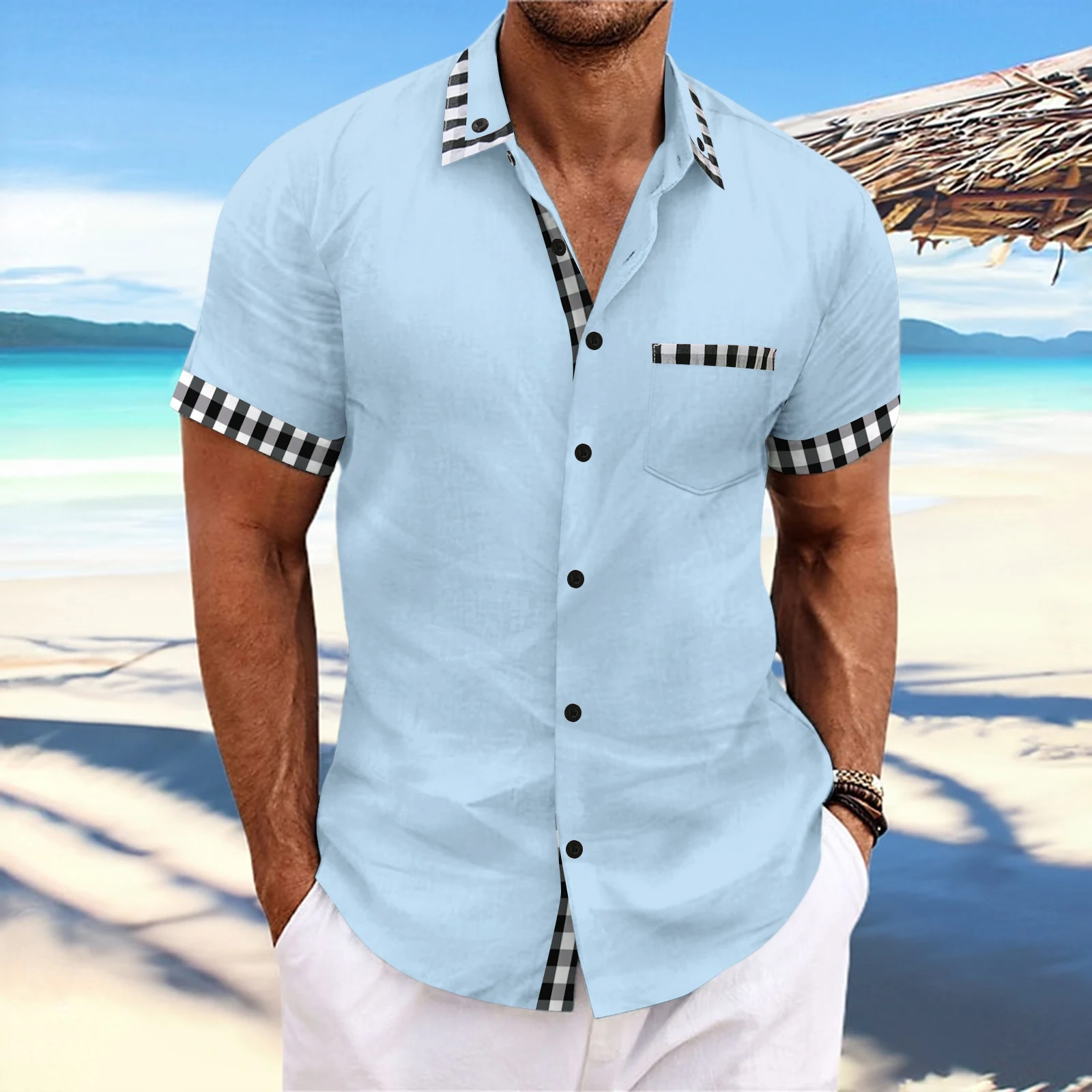 

Summer new fashion men's fashion trend casual solid color short-sleeved shirt with plaid pocket business slim shirt