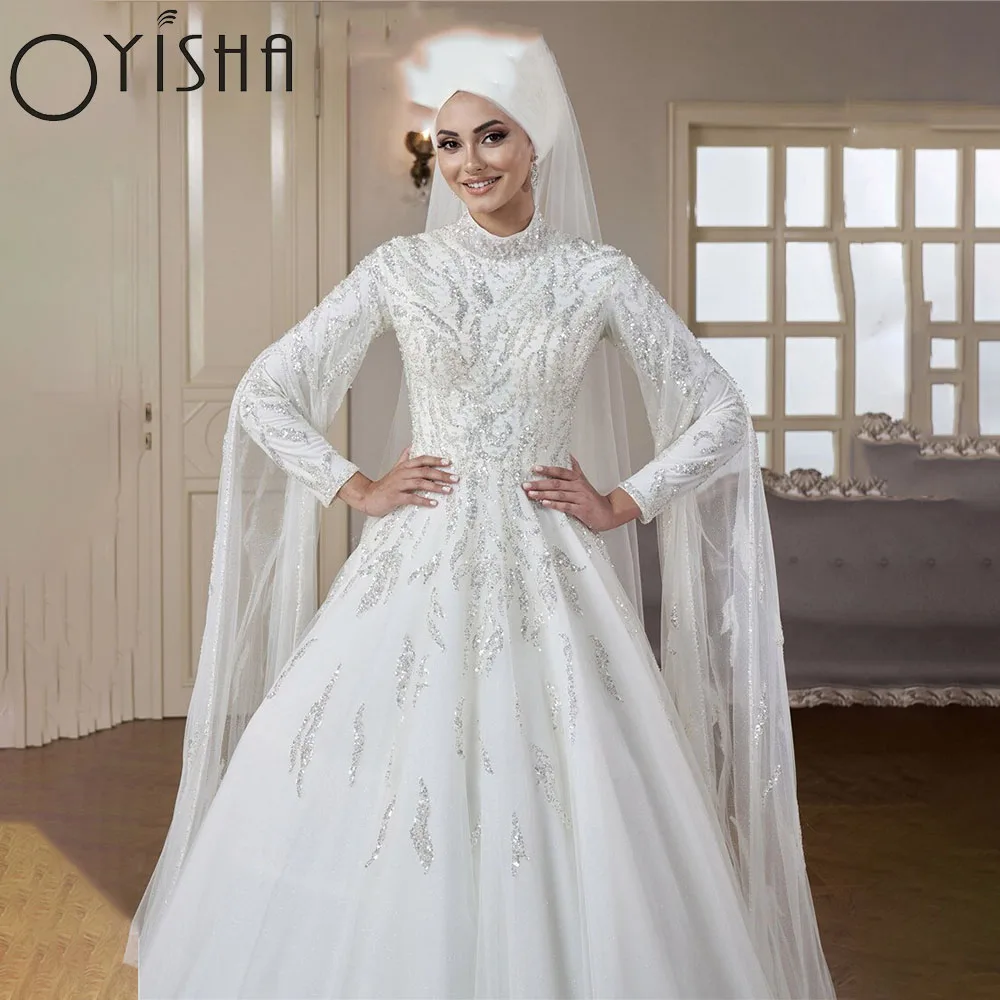 OYISHA Luxus Perlen Langarm Muslim Brautkleider High Neck Islamischen Hijab Brautkleid Arabisch Dubai Kaftan Vestidos De Novi Luxus Perlen Langarm Muslimische Hochzeitskleider High Neck Islamic Hijab Brautkleid Arabisc