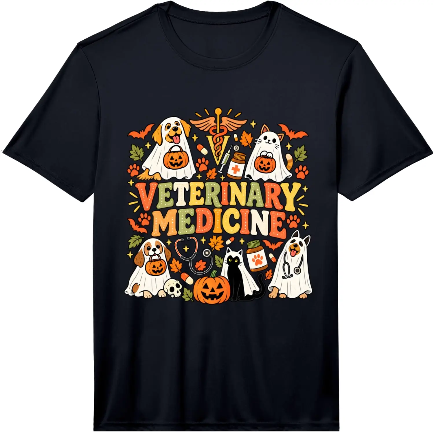 Veterinary Medicine Halloween Fall Vet Tech Week Pumpkin Performance T-Shirt Vintage Style Graphic T‑Shirt, Retro Tee, 100% Cotton Soft Lightweight Crew Neck Unisex Casual Short Sleeve Tops For Men Women Daily Wear