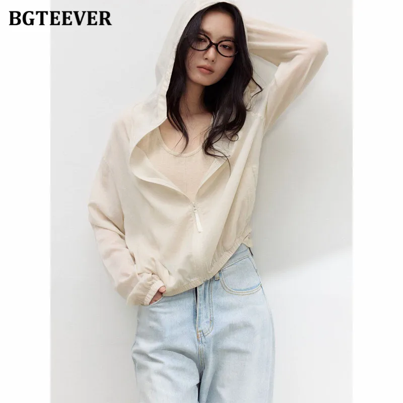 BGTEEVER Women's Silk Linen Hoodies Summer Ultra-thin Breathable Sports Sun Protection Quick-drying Loose Casual Cardigan Top