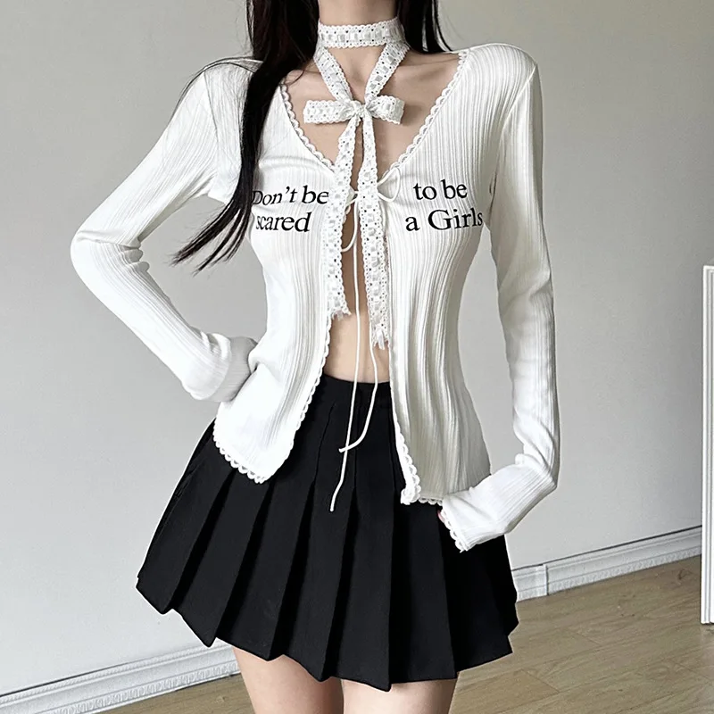 Summer Sexy Women Thin Sunscreen Cardigan Lace-up Knitwear Tops Female Euro-American Short Coat Casual Sun Protected T-shirt y2k