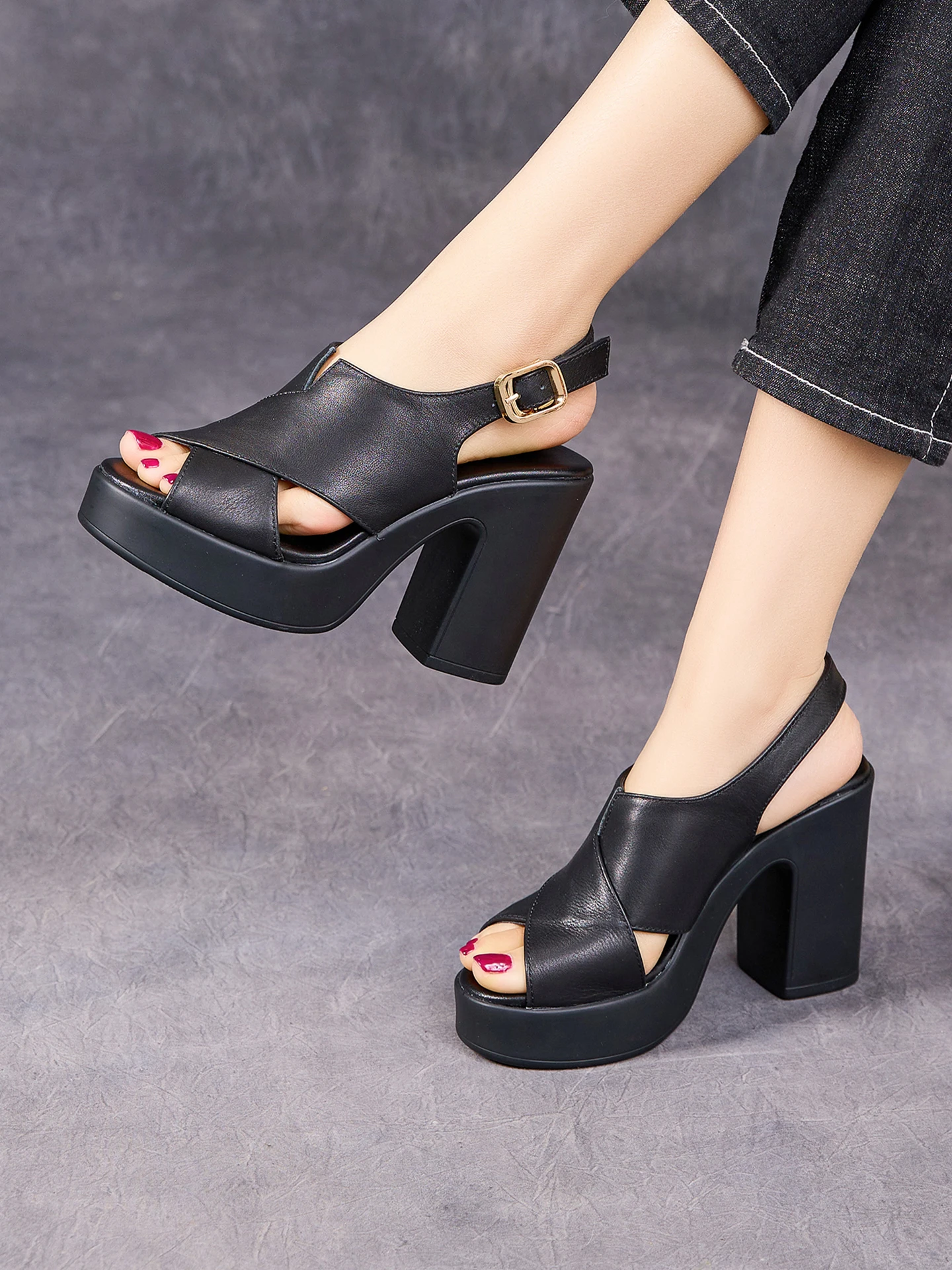 

Ретро-сандалии Birkuir на высоком каблуке, с открытым носком, на толстом каблуке 10 см, для женщин, роскошные сандалии с перекрестными ремешками и пряжками, из натуральной кожи, белые туфли