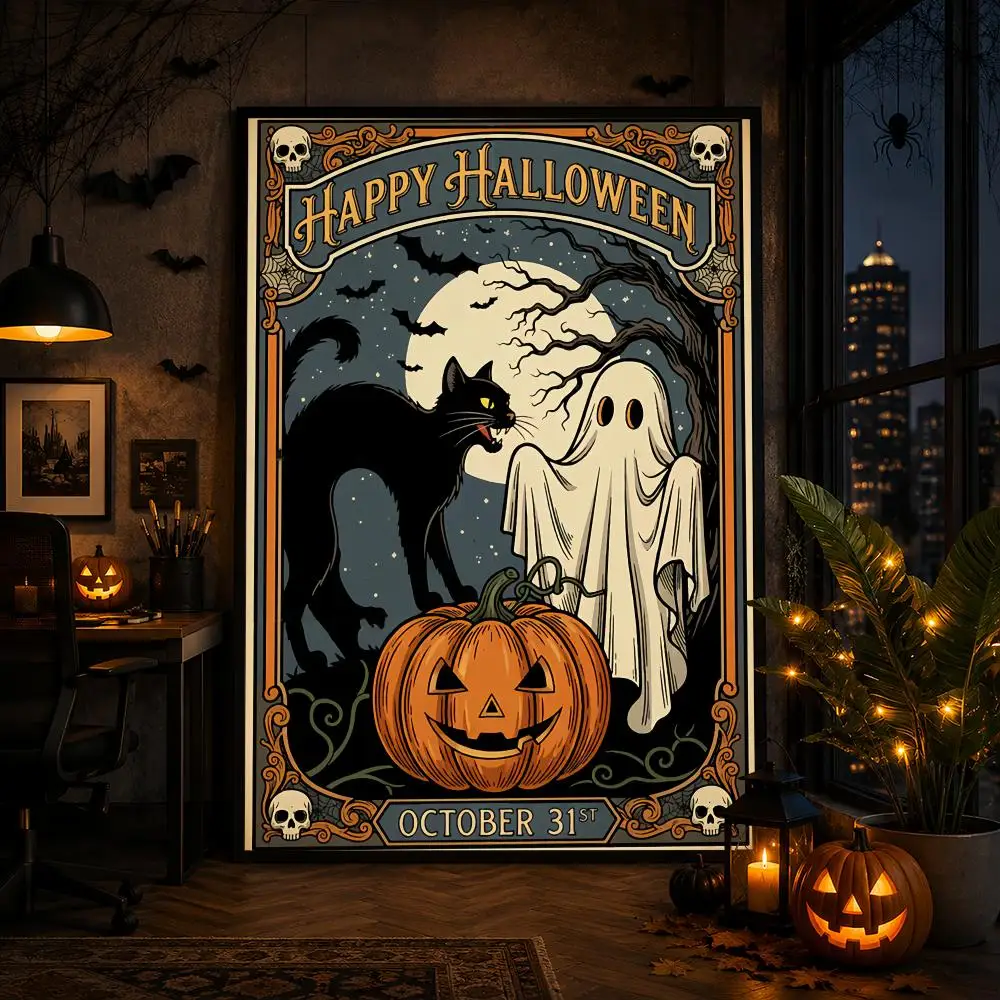 Vintage Halloween HD Wall Art Poster Pumpkin Black Cat Ghost Haunted House Bats Moon Spooky Retro Home Decor Gift