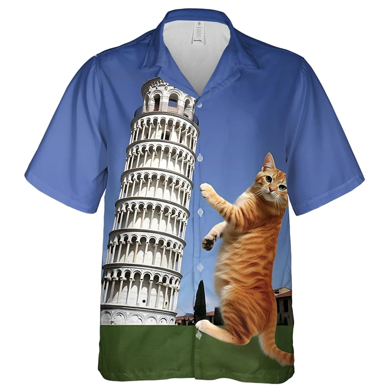 Animale Divertente Gatto 3d Stampa Camicie Uomo Moda Abbigliamento hawaiano Camicia Manica corta Camicette casual Gatti monopetto Uomo Top