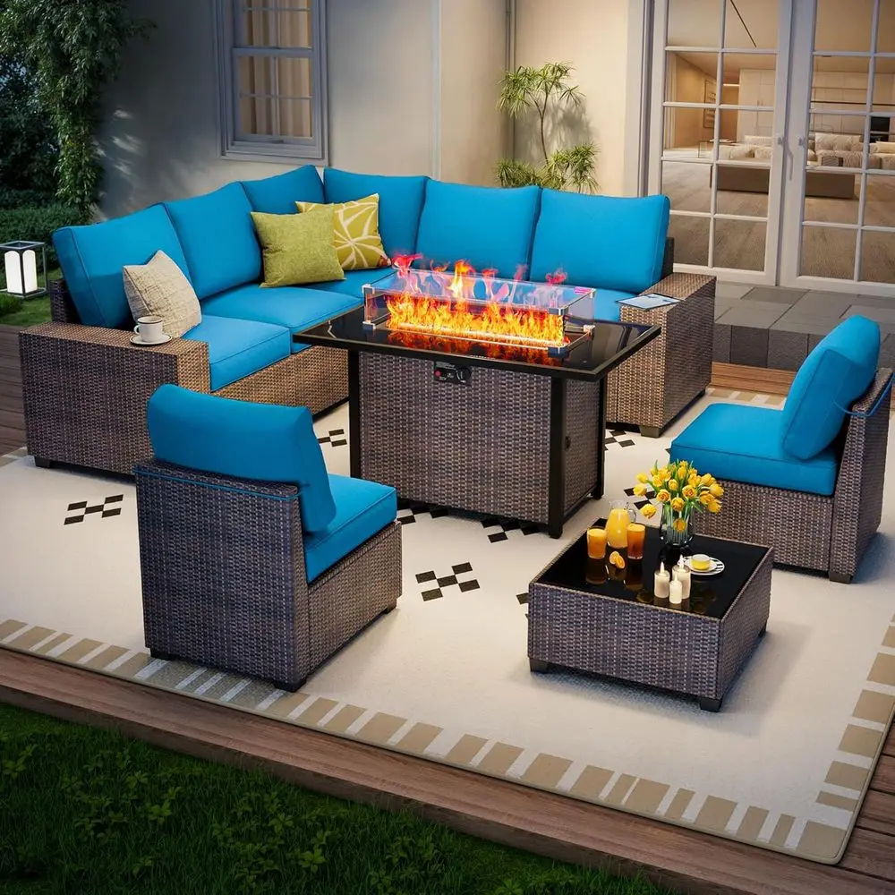 9-Piece Outdoor Patio Furniture Set with 43 Fire Pit Table, Sectional Seating, Rattan Wicker Sofa with Waterproof Cushions, Brow