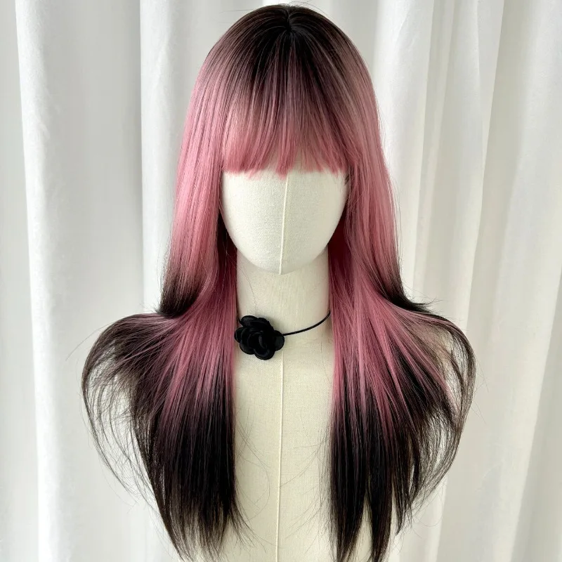 Long Wig Natural New Gradient Cos Spice Girls Medium-length Simulation Human Hair Pink Wig Full Headgear