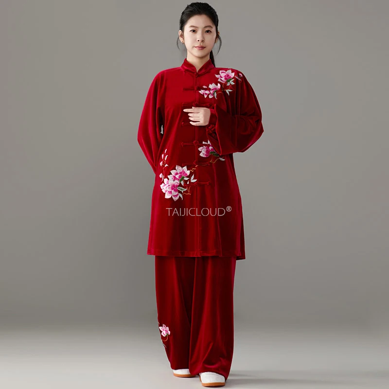 2024 Women's Velvet Tai Chi Uniform - Winter Red Embroidered Mid-Length Kung Fu Suit with Thermal Lining - Image 2