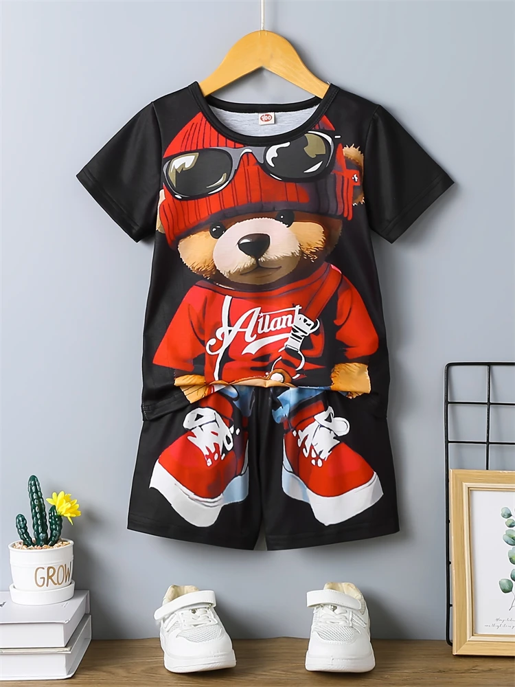 2-Piece Cartoon Bear Print Mens Short Sleeve T-Shirt & Drawstring Shorts Set Summer Casual Top Outdoor Sports Men\'s Beach Pants