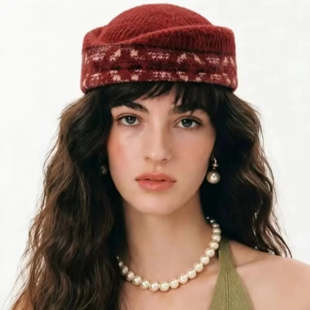 Vintage French Style Fair Isle Pattern Pillbox Hat Jacquard Fedoras Knitted Beret Hat Elegant Dome Woolen Top Hat Cocktail Event