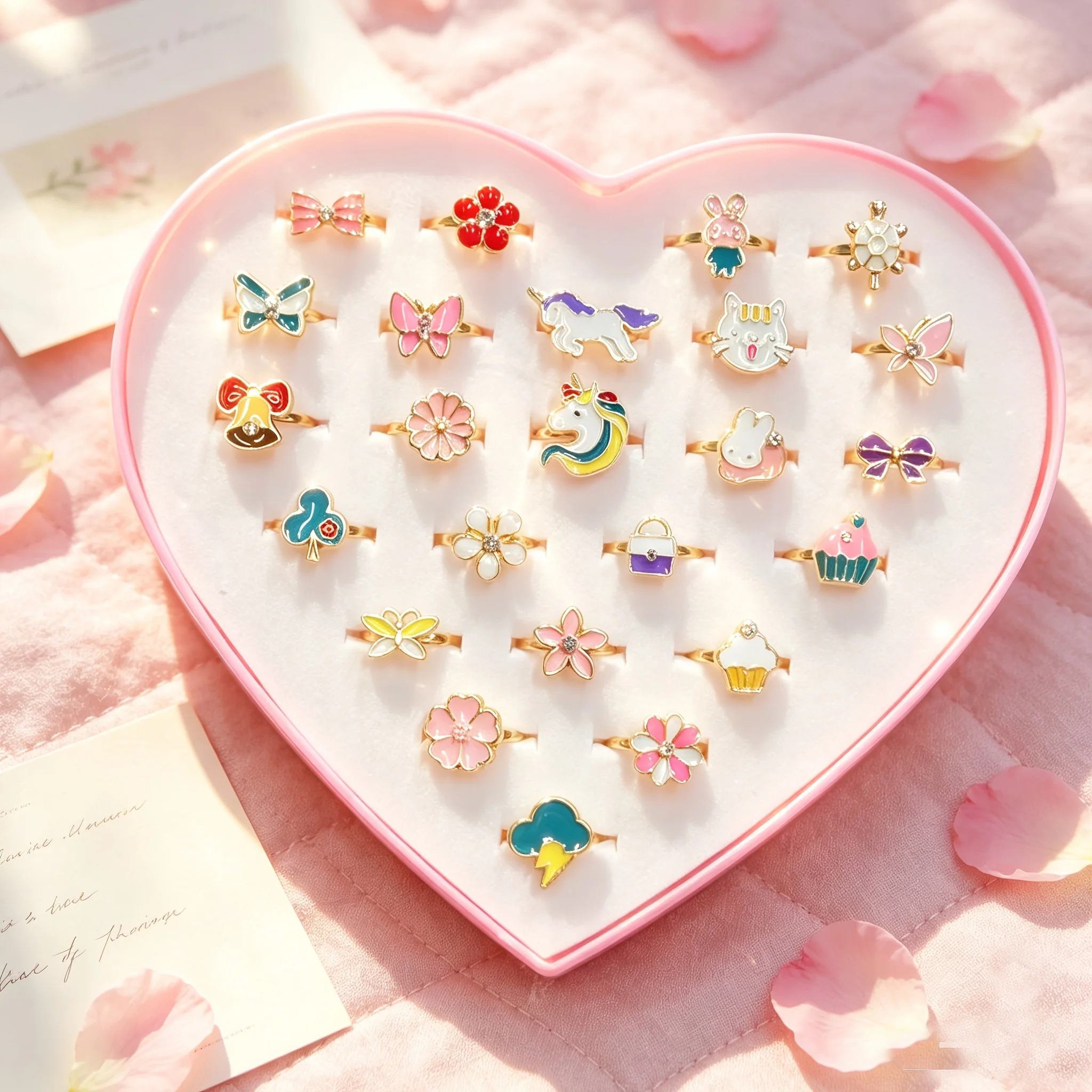 24Pcs Children's Adjustable Cartoon Ring Set, Cute Unicorn Flower Animal Enamel Finger Rings, Heart-Shaped Gift Box Jewelry, Girls' Party Favors Birthday Gifts