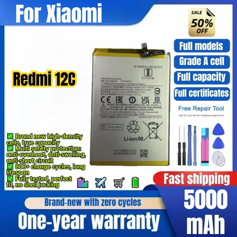 BN5K for Xiaomi Redmi 12C Phone Battery 0 Cycle High Quality High Capacity Battery Replacement Bateria Grade A Cell with Tools