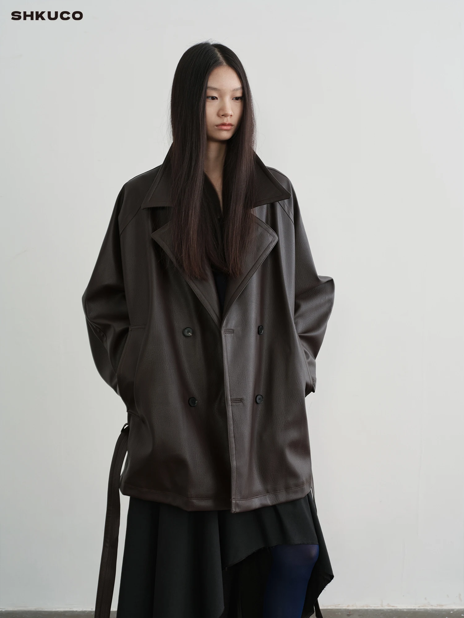 KUCO Retro lage taille losvallende revers leren jas milieuvriendelijk leer lychee-patroon damesmode lentejas