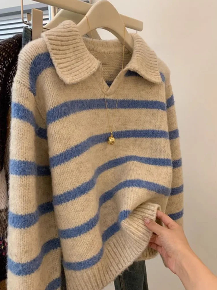 Soft Glutinous Blue Stripes Polo Collar Pullover Sweater Women clothes Autumn and Winter New Lazy Design Sense Knit Inner wea...