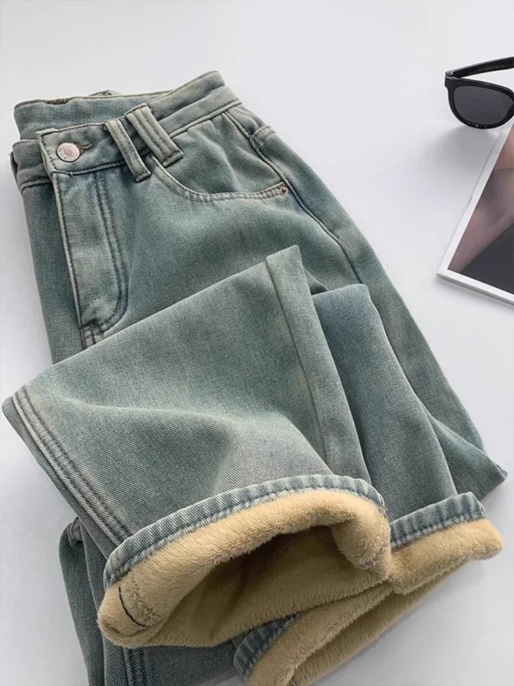 

Retro Loose Fit High Waist Thickened Fleece Women's Jeans Winter New Style Wide Leg Straight Cut Long Trousers