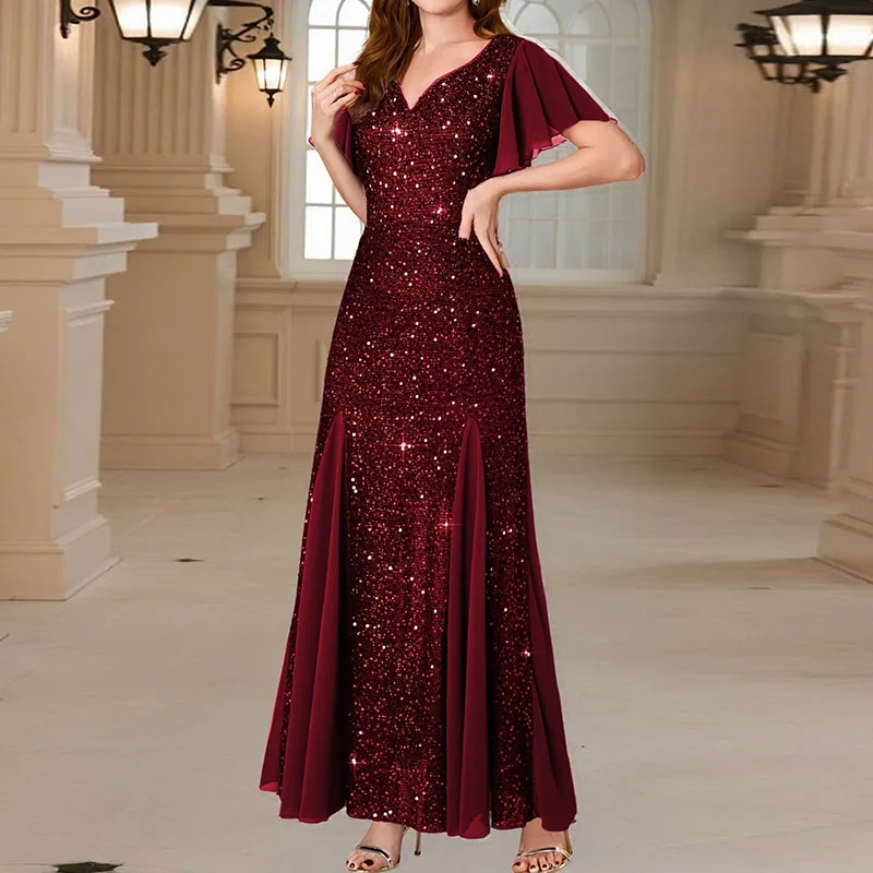 Fashion Glitter Sequins Shiny Evening Dress Women Spring High Waist Patchwork Mesh Long Dress Summer Butterfly Sleeve Boho Dress