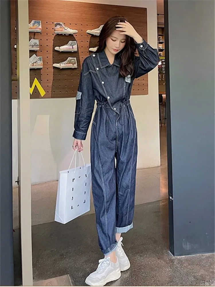 2025 ฤดูใบไม้ผลิฤดูใบไม้ร่วงใหม่ DENIM Jumpsuit ผู้หญิงลําลองหลวมเอวแสดง Slim Workwear แขนยาว Overalls ยาวกางเกงกางเกงยีนส์