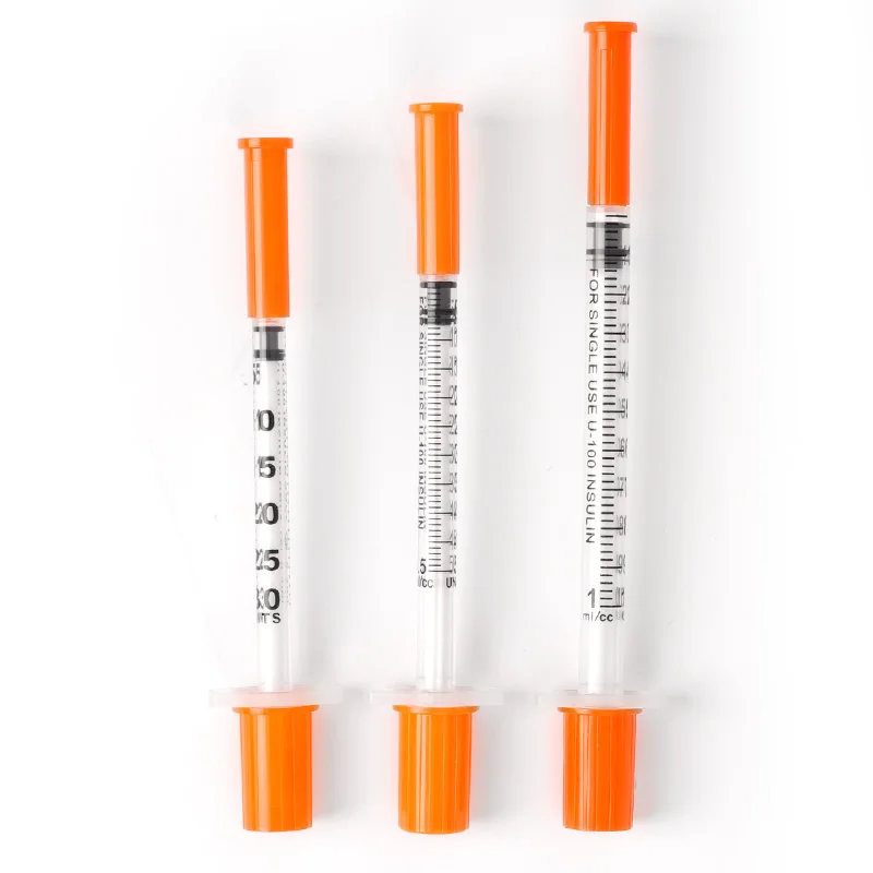 Jeringa veterinaria de plástico desechable, 50/100 Uds., 0,3/0,5/1ML, tapa naranja, jeringa de insulina estéril con agujas para animales de granja